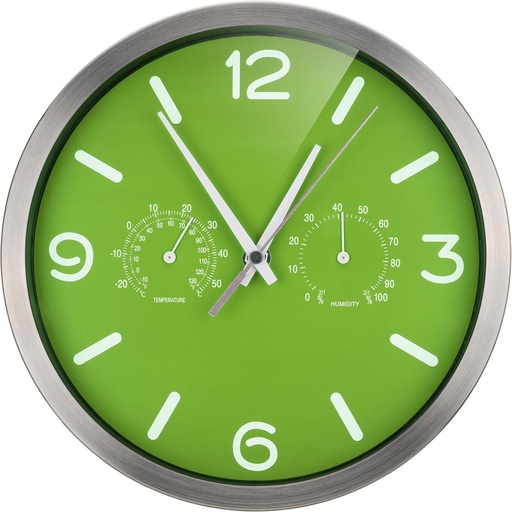 Ceas de perete radiocomandat Bresser MyTime ND Thermo-Hygro cu mecanism radiocomandat silentios, cadru din otel inoxidabil si afisaj pentru temperatura si umiditate, verde, 250x250mm