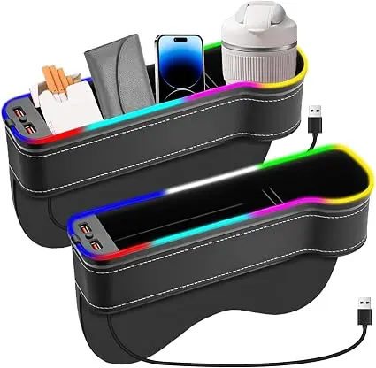 Cutie de depozitare auto Techextra, format din 2 piese, organizator auto pentru consola centrala fata, organizator spatiu scaun auto, umplutura spatiu consola centrala, cu suporturi pentru pahare, 2 porturi USB, lumina in 7 culori