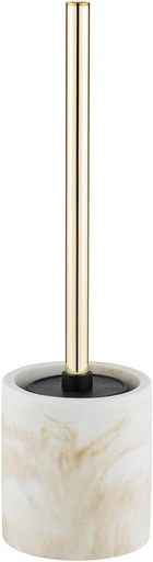Set de toaleta WENKO model Odos, suport de perie de inalta calitate din polirasina robusta cu aspect de marmura, inclusiv perie de toaleta, Ø 7,5 x 37 cm, alb/auriu