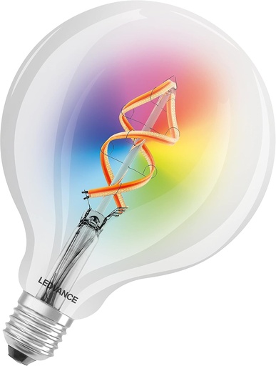 Bec LED inteligent LEDVANCE cu tehnologie Wi-Fi, E27, culori RGB schimbabile, forma de glob, filament colorat pentru iluminare ambientala, inlocuitor pentru becurile incandescente conventionale de 60W, controlabil cu Alexa, Google si aplicatie