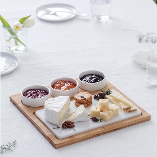 Lacor - 61040 - Placa din bambus natural, 3 boluri, tava de servire, baza din marmura, ideala pentru aranjarea si servirea felurilor de mancare si aperitive, usor de curatat, dimensiuni: 28x28x4 cm