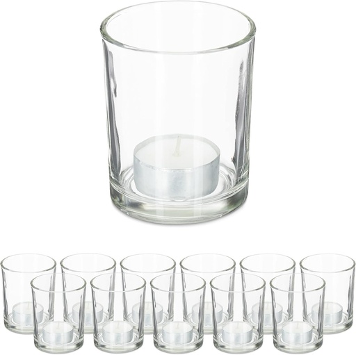 Suporturi din sticla pentru lumanari tip pastila Relaxdays, set de 12 pahare votive simple, H x A: 8,5 x 7 cm, decorative, transparente