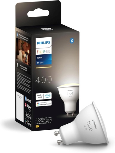 Spot LED Philips Hue White GU10, pachet de 1 becuri LED reglabile pentru sistemul de iluminat Hue cu lumina alba calda, control inteligent al luminii prin voce si aplicatie