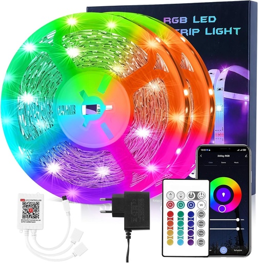 Banda luminoasa LED WiFi HOVVIDA 20M, compatibila cu Alexa si Google Home, 30 LED-uri/metru, lumini RGB 24V, 600 LED-uri, telecomanda si prin aplicatie, mod muzica, LED pentru camera, living, bucatarie, dormitor, bar, petrecere