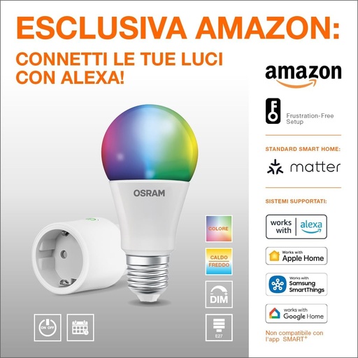 Bec LED OSRAM SMART+ RGBW, E27 cu Matter over Wifi, special conceput pentru ALEXA - configurare usoara cu un singur clic, echivalent 100W, alb cald pana la alb rece (2700-6500K), 16 milioane de culori RGB, pachet de 1