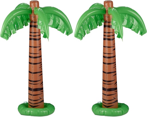 Palmier gonflabil Relaxdays, set de 2, decoratiuni pentru petrecere, piscina si plaja, palmier hawaian mare, inaltime 80 cm, palmier din plastic, verde-maro