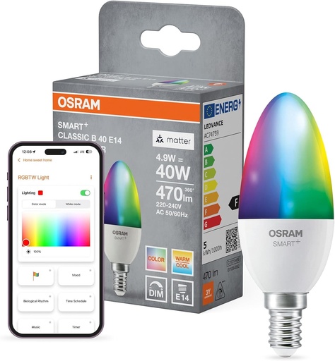 Bec LED Osram SMART+ Matter B40 forma de lumanare 4.9W E14 RGBW, reglabil, control prin aplicatie si voce, compatibil cu Alexa, Google, Apple, WiFi