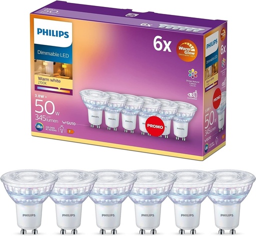 Bec LED Philips, echivalent 50W, GU10 C90, alb cald, reglabil intensitate, sticla, pachet de 6