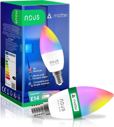 Bec inteligent NOUS P4 WiFi RGB E14, bec Matter WiFi, compatibil cu Alexa, lampa LED care isi schimba culoarea, aplicatie Smart Life/Tuya, WiFi 2.4GHz (AMBALAJUL POATE VARIA)