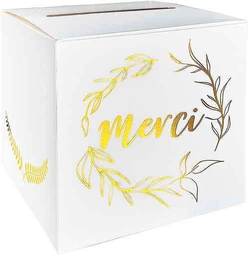 Cutie postala pentru felicitari de nunta, cutie plic pentru felicitari de botez, imprimata cu „Multumesc” aurie - cutie postala patrata din carton de 22 cm pentru receptie