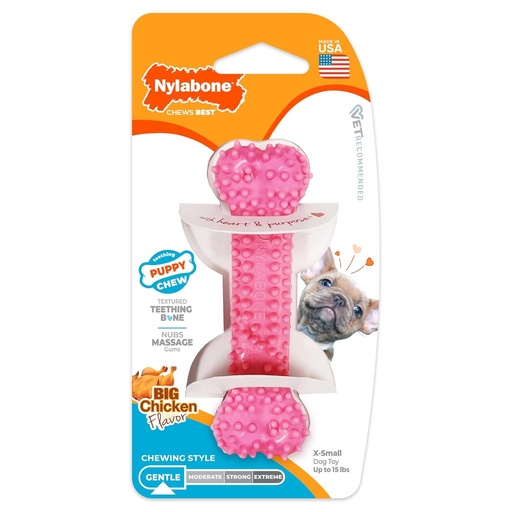 Nylabone | Gusta de mestecat pentru catei | Forma de os texturat | Roz | Aroma de pui | Pentru caini foarte mici sau catei (pana la 7 kg) | Gustari de mestecat moderate sau pentru primii dinti