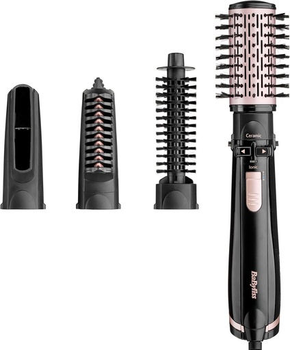 Perie rotativa pentru uscator de par BaByliss pentru uscare, indreptare si coafare - functie ionica, cu 4 accesorii interschimbabile, neagra, AS200E