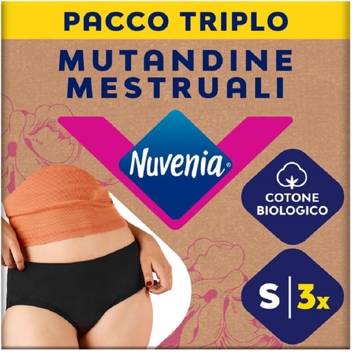 Nuvenia Intimawear, chiloti menstruali din bumbac organic, lavabili si reutilizabili pentru zi si noapte, flux moderat-abundent, culoare neagra, marimea M, pachet de 3