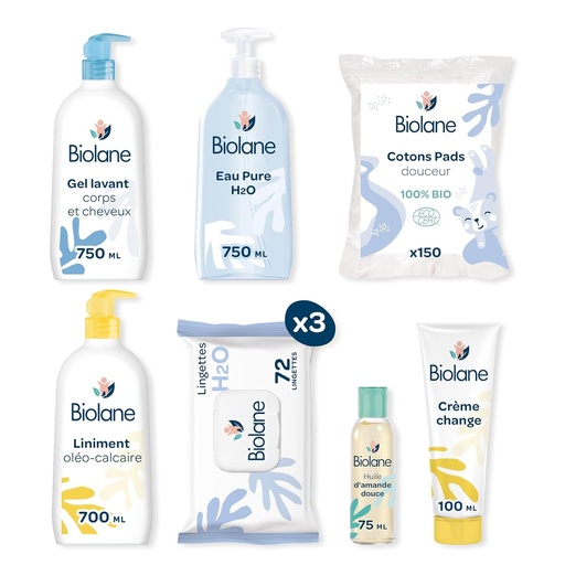 BIOLANE - Kit Primele Zile pentru Nou-nascuti - Bebelusi - 216 Servetele - Apa Pura - Gel de Curatare - Linime - Crema pentru Scutece - Set Cadou pentru Bebelusi - Piele Sensibila - Fabricat in Franta