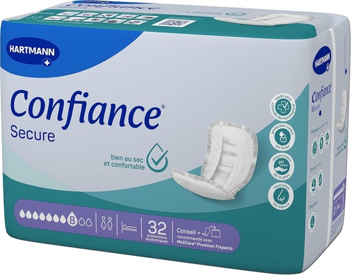 Confiance Secure - Absorbante Anatomice pentru Barbati si Femei - Nivel de Absorbtie = 8 picaturi (Scurgeri Urinare Abundente) - Material Moale - Alb - 32 Absorbante, Mari