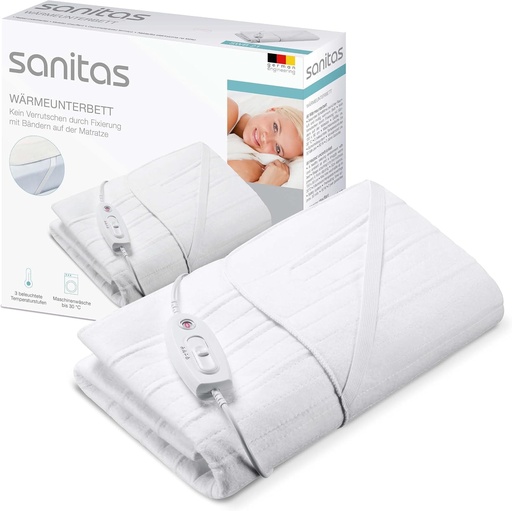 Patura incalzita Sanitas SWB 21 din fleece moale, cu curele practice de fixare, sistem de siguranta, 3 setari de temperatura, lavabila la masina, 150 x 80 cm, potrivita pentru saltele standard