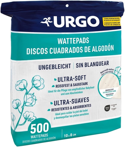 Urgo - Patratele de bumbac - 500 bucati - MARIME FAMILIALA - Ultra-moi si absorbante - Bumbac certificat OEKO-TEX®, nealbit