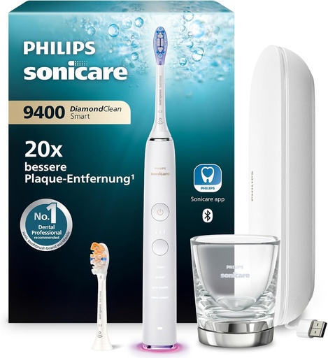 Periuta de dinti electrica Philips Sonicare DiamondClean Smart 9400, periuta de dinti sonica cu aplicatie, senzor de presiune, recunoastere a capului de periuta, 4 moduri de curatare si 3 niveluri de intensitate, alba, model HX9917/88
