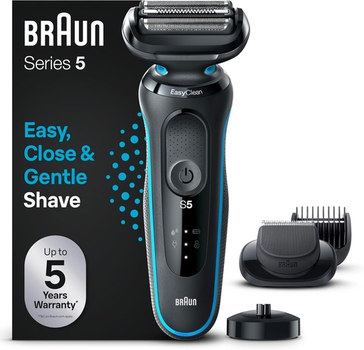 Aparat de ras electric Braun Series 5 pentru barbati, aparat de ras electric cu accesoriu de tuns barba EasyClick, statie de incarcare, aparat de ras EasyClean, aparat de ras uscat, rezistent la apa, fabricat in Germania, 51-M4500cs, verde menta