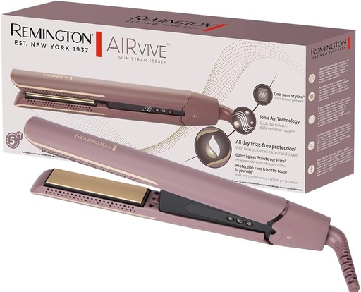 Placa de indreptat parul Remington AIRvive cu tehnologie Ionic Air: rezultate de coafare de lunga durata. Invelis ultra-ceramic cu particule microactive, placi inguste, ecran LCD, 150-230°C. Placa de indreptat parul S8930.