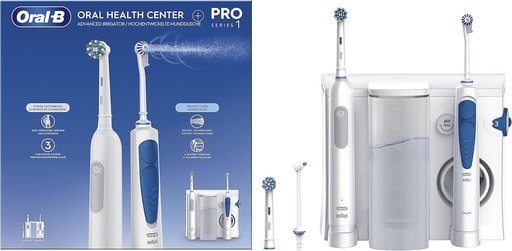 Periuta de dinti electrica reincarcabila Oral-B Pro Series 1 cu irigator dentar cu apa, 1 duza Oxyjet, 1 duza cu jet de apa, 2 capete de schimb. 1 irigator dentar cu apa + 1 periuta de dinti