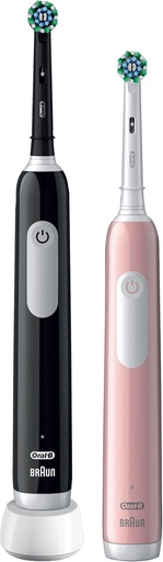 Periute de dinti electrice Oral-B Pro 3 2x pentru adulti, cadouri pentru femei/barbati, 2 manere si 2 capete de periuta de dinti cu actiune incrucisata, 3 moduri, albire a dintilor, mufa cu 2 pini, 3900, negru si roz