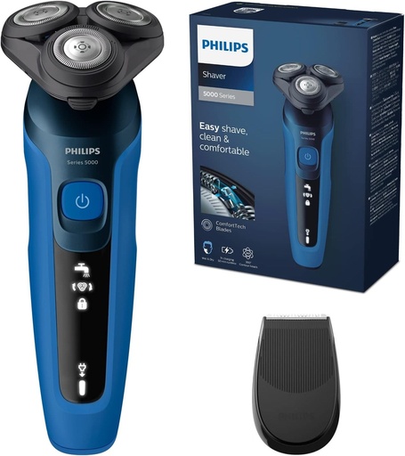 Philips S5466/18 - Aparat de ras electric seria 5000, Piele umeda si uscata, Lame autoascutibile ComfortTech, Capete de contur la 360°, Afisaj LED, Trimmer de tuns cu prindere prin clic