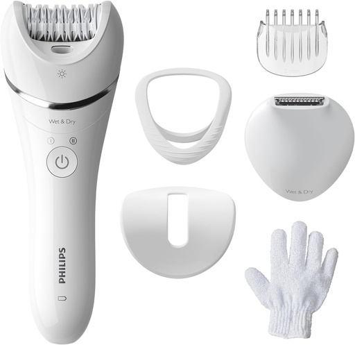 Epilator Philips seria 8000, epilator fara fir umed si uscat pentru picioare si corp, dispozitiv de indepartare a parului, cu 6 accesorii, model BRE715/00