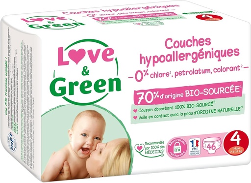 Love & Green - Scutece pentru bebelusi sanatoase si ecologice - Marimea 4 (7-14 kg) - Pachet pentru 1 luna (184 scutece) - Absorbante, etanse si fara ingrediente nedorite
