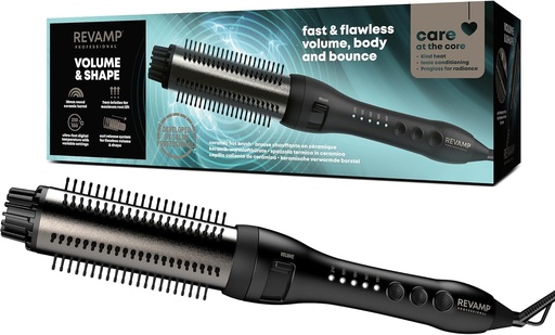 Perie de coafat ceramica REVAMP Volume & Shape cu incalzire rapida - perie rotunda incalzita de 38 mm, ioni cu uleiuri Progloss, perie cu incalzire rapida, peri retractabili, coafare fara incurcaturi