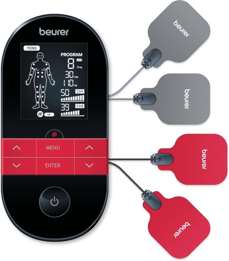 Aparat digital TENS/EMS Beurer EM 59 Heat, dispozitiv de stimulare electrica 4 in 1 pentru terapia durerii, stimularea musculara, masaj si terapie termica, inclusiv 4 electrozi si baterie