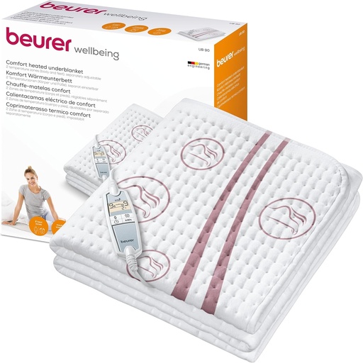 Patura incalzita Beurer UB 90 Comfort, patura incalzita moale si confortabila cu doua zone de temperatura si 9 setari de temperatura fiecare, cu resetare automata si Eco-Control, 150 x 80 cm, lavabila la masina, alba