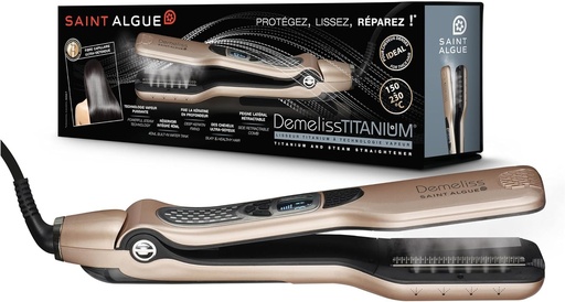Demeliss - Saint Algue - TITANIUM, Placa de indreptat parul cu abur - Rezervor Maxi integrat 40 ml - Pieptene lateral detasabil - Netezire extrema si protectie a parului - Auriu/Sampanie