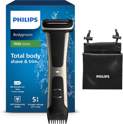 Epilator corporal Philips BG7025/15 Bodygroom 7000 pentru barbati, umed si uscat, piepteni reglabili 3-11 mm, cap 4D, autonomie a bateriei de pana la 80 de minute
