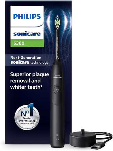 Periuta de dinti electrica Philips Sonicare 5300, periuta de dinti sonica cu 2 niveluri de intensitate, control al presiunii, EasyStart, Smartimer si BrushPacer, neagra, model HX7101/01 [Tehnologie noua]