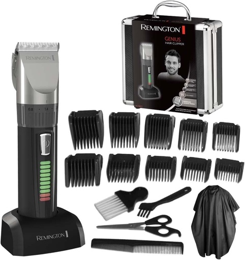 Masina de tuns profesionala Remington [lame ceramice cu auto-ascutire/0,8-40 mm/reglare de precizie] Set masina de tuns (10 piepteni atasabili, functionare la retea/baterie, litiu, carcasa din aluminiu, pelerina de frizer) HC5811