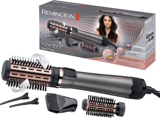 Perie rotativa cu aer cald Remington [Automata] Keratin Protect (include 3 accesorii: 2 perii rotunde + booster pentru radacini pentru mai mult volum) + agrafe de par, invelis ceramic cu ulei de migdale, AS8811, Gri
