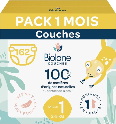 BIOLANE - Scutece pentru bebelusi marimea 1 - (2-5 kg) - Piele sensibila - Ultra-absorbante, anti-scurgere, pana la 12 ore de uscare - Confort si protectie - Pachet 1 luna 162 scutece - Fabricat in Franta
