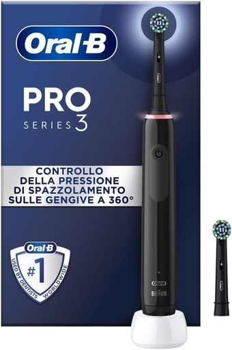 Periuta de dinti electrica Oral-B PRO 3 3000, 2 capete de periuta CrossAction, cu 3 moduri de curatare si control vizual al presiunii la 360° pentru ingrijire orala, cadou pentru barbati/femei, neagra