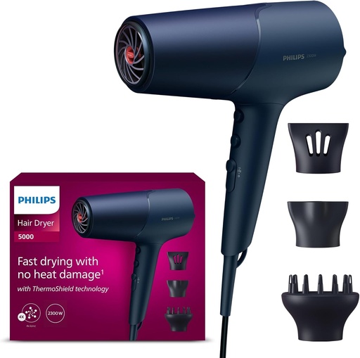 Uscator de par Philips seria 5000, tehnologie ThermoShield, functie de ionizare, 2300 W, albastru metalizat, cu duze de coafare de 9 mm si 11 mm, difuzor de volum, BHD510/20