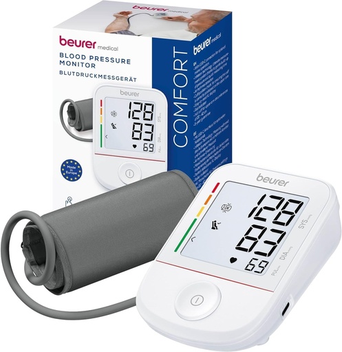 Tensiometru de brat Beurer BM 38, operare simpla cu un singur buton, masurare precisa datorita indicatorului de repaus, detectarea aritmiei, manseta pentru 22-42 cm, transfer de date catre Apple Health si servicii similare.