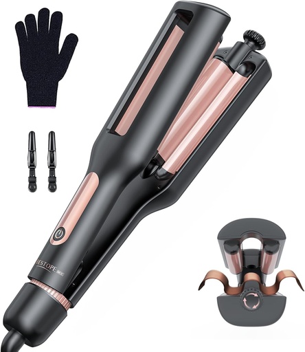 Ondulator reglabil 4 in 1 pentru par - Ondulator de 22/25/32/38 mm pentru onduleuri de plaja/onduleuri naturale/onduleuri de apa/onduleuri de sirena, afisaj, 4 temperaturi (140-210°C), 3 butoaie, trandafir negru