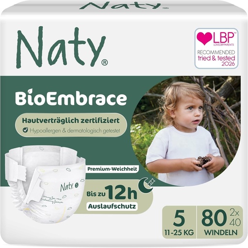 Scutece pentru bebelusi Naty BioEmbrace, marimea 5 (11–25 kg) | 100% materiale pe baza de plante, delicate cu pielea | Moliciune respirabila, testate dermatologic, absorbtie excelenta | 80 buc.