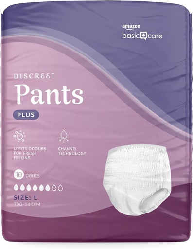 Amazon Basic Care Chiloti absorbanti pentru femei, marimea L Plus - 40 bucati (4 pachete a cate 10), albi