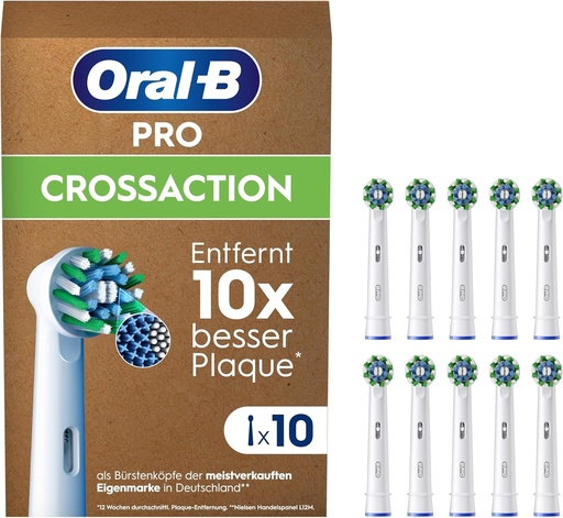 Oral-B Pro CrossAction — Capete de periuta de rezerva ORIGINALE pentru periute de dinti electrice — Curatare superioara a dintilor, Capete de periuta de rezerva cu peri in forma de X, Cap de periuta de dinti, Ambalaj potrivit pentru cutiile postale — Alb, 10 buc.