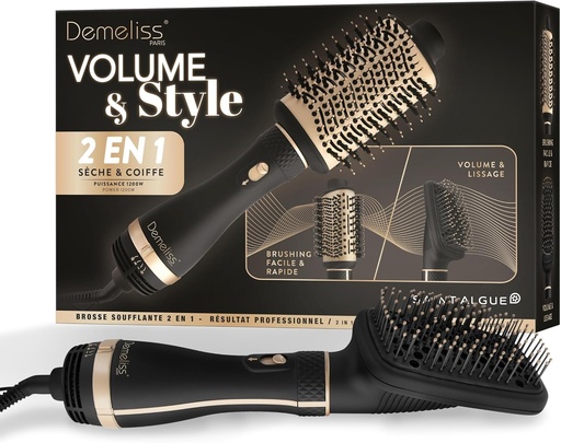 Demeliss SAINT ALGUE - Perie pentru uscator de par 2 in 1 VOLUM & STYLE - Usuca si coafeaza, toate tipurile de par - 2 capete interschimbabile - Invelis ceramic si turmalina - 3 setari de temperatura