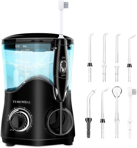 Irigator oral electric TUREWELL, irigator oral profesional cu 10 setari reglabile ale presiunii apei, capacitate de 600 ml si 8 varfuri multifunctionale (negru)