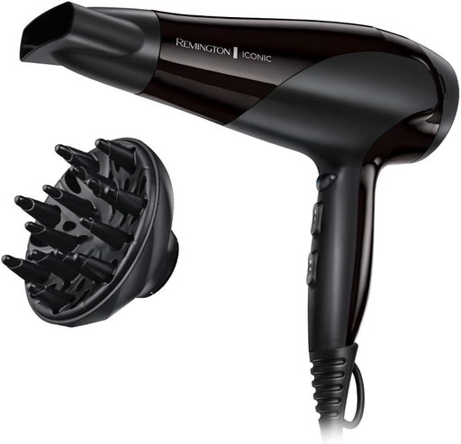Uscator de par ionic Remington [usor, difuzor si duza de coafare] negru (2200 W, ioni ceramici: coafare delicata si distributie uniforma a caldurii, 3 setari de caldura si 2 setari separate pentru ventilator + jet de caldura) D3198