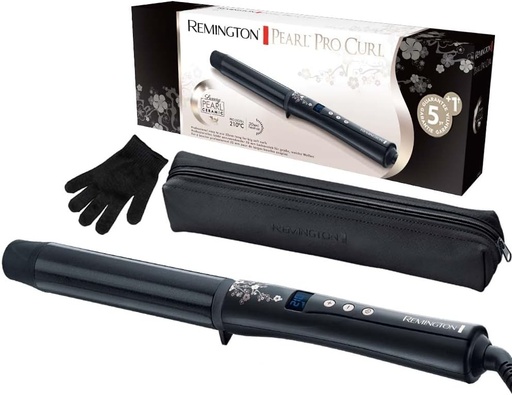 Ondulator Remington pentru bucle mari [32 mm] Pearl Digital (acoperire ceramica cu perle reale) afisaj LCD 130-210°C, incl. manusa termica, onduleuri fine pentru par subtire pana la gros, negru, CI9533