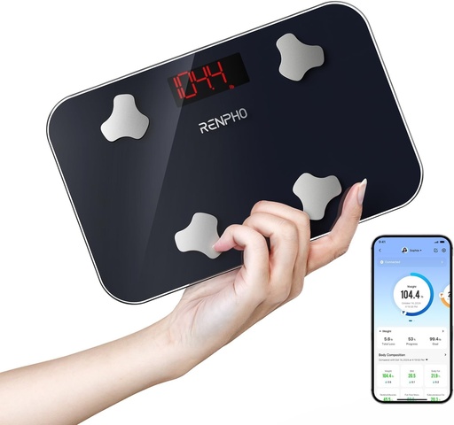 Cantar digital de baie RENPHO, mini cantar cu masurarea grasimii corporale si a masei musculare, cantar portabil pentru grasime corporala, sincronizabil cu aplicatii, capacitate maxima de greutate 180 kg, 28 x 18 cm